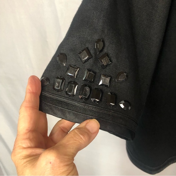 Linea Women’s Jacket Black Linen Satiny Trim Jewel Embellished Boxy 3/4 Sleeve - Picture 4 of 8